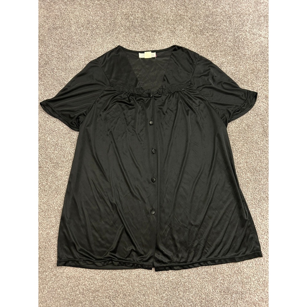 Lati Fashion Sleep Shirt Womens L Black Excellent Button Front Lace Trim Silky